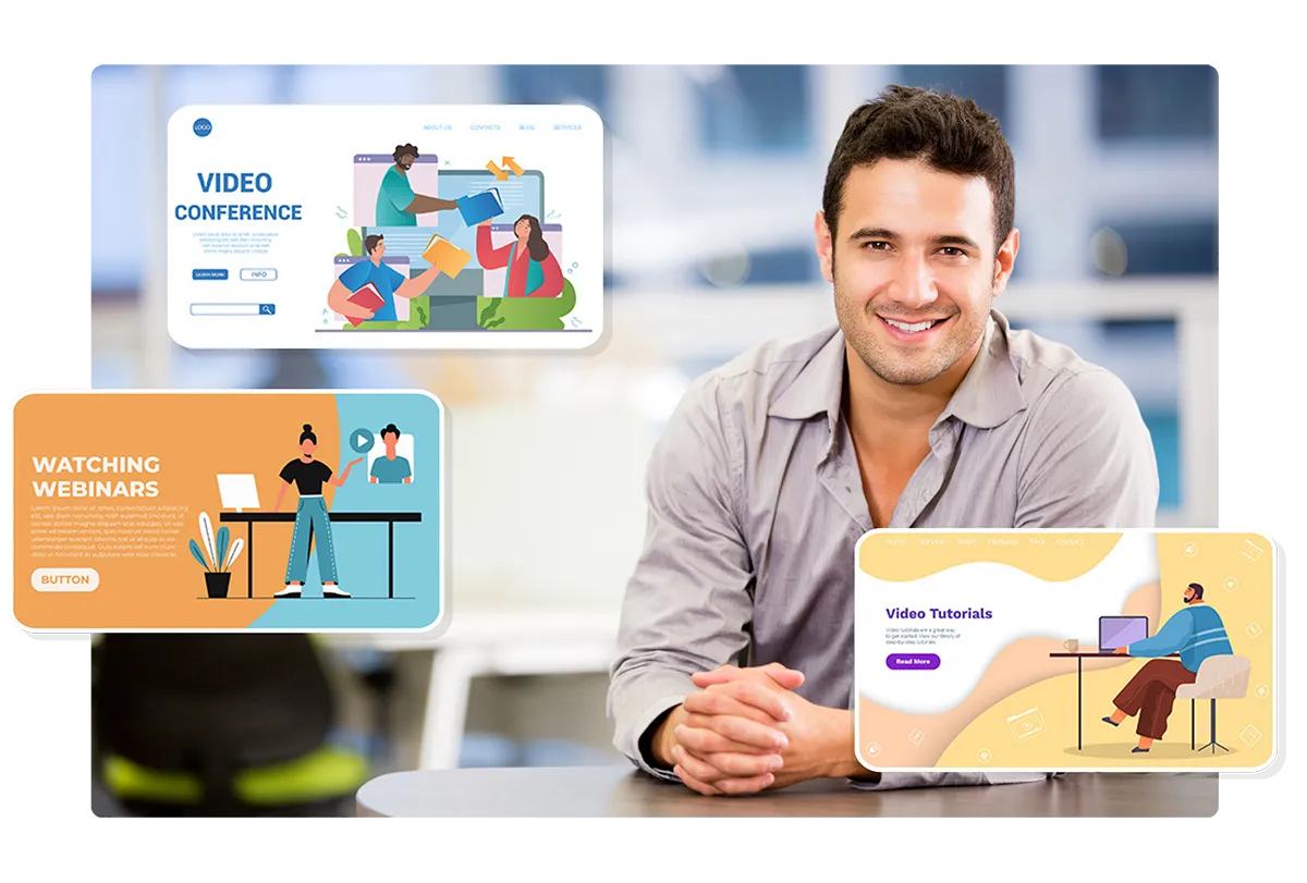 Photo of man with computer screen images.