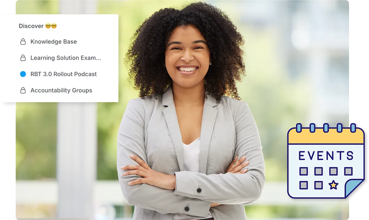 woman, arms crossed with event graphic