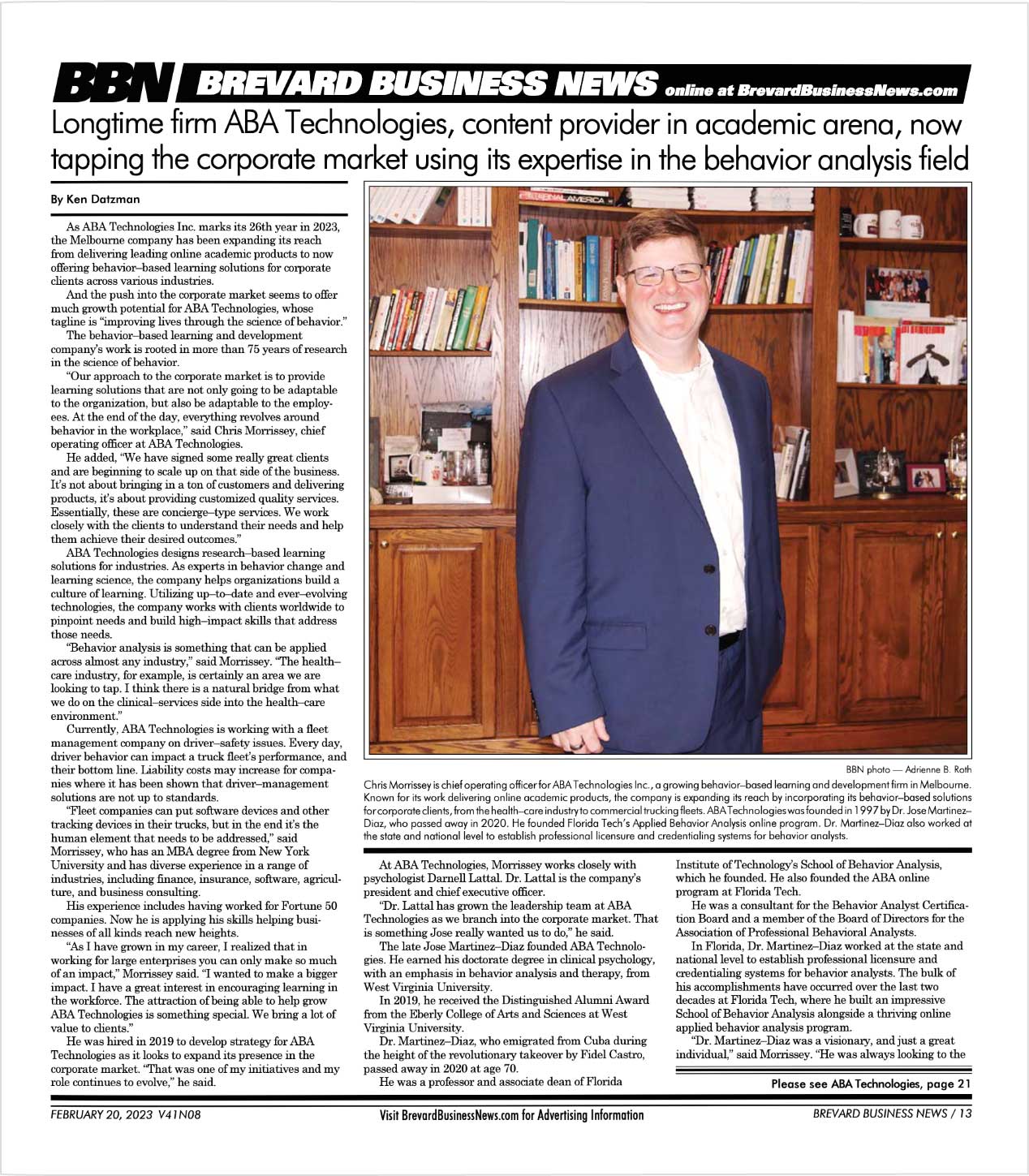 Brevard Business News article featuring ABA Technologies, with large phototgraph of Chris Morrissey