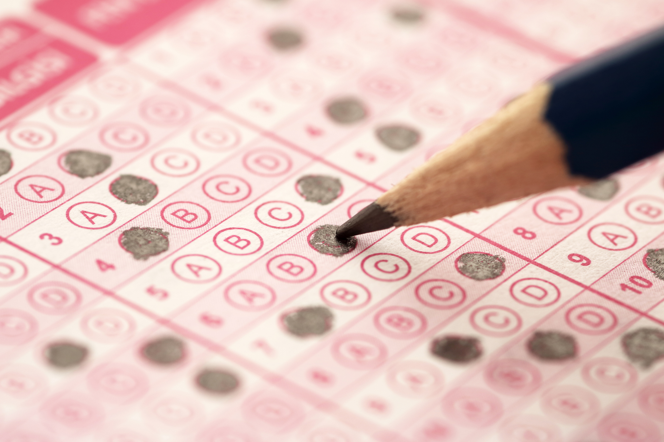 Close up image of a filled out Multiple-Choice Exam bubble sheet