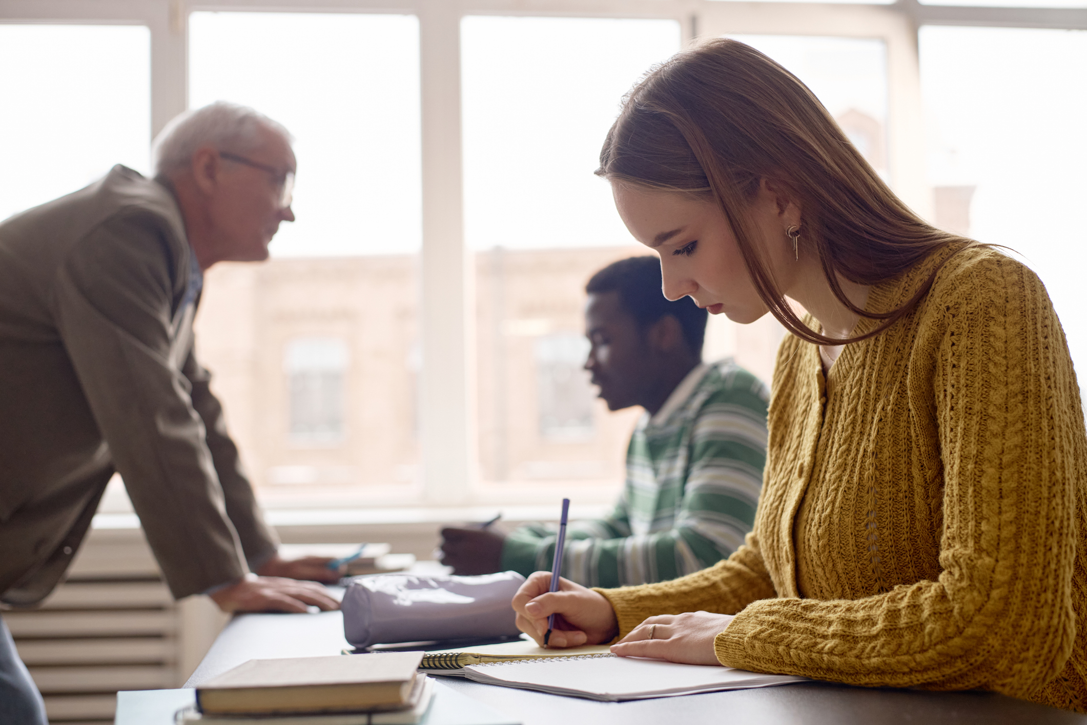 Woman Writing Notes during Classroom Lesson with Teacher