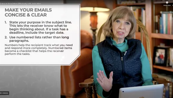 Janis Allen hosting a video from her living room on how to email more effectively