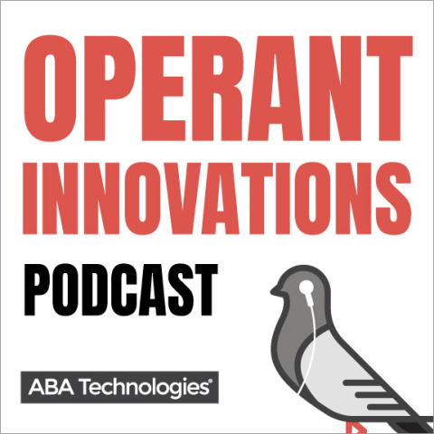Operant Innovations Podcast by ABA Technologies graphic with image of a Skinner pigeon with earbuds