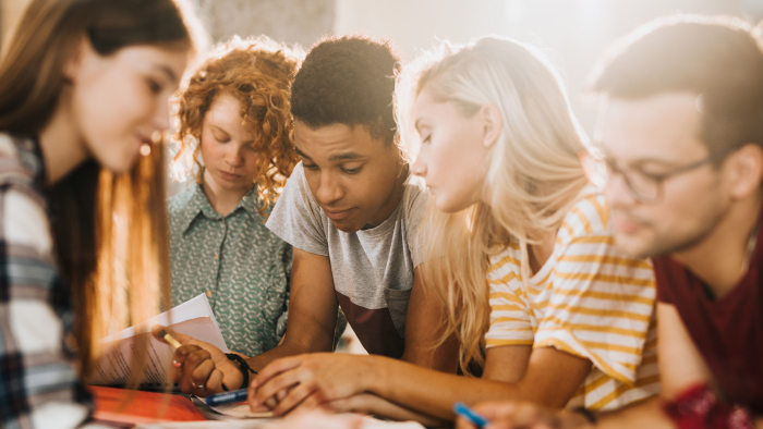 diverse group of young adults studying