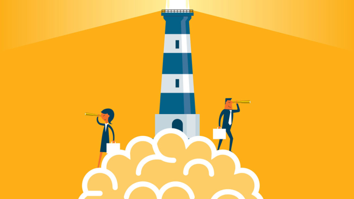 Illustration of a light house on top of a brain with two people standing either side holding telescopes