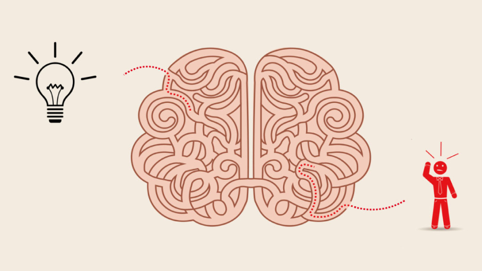 An illustration of a brain that looks like a maze. On one side a light bulb is flashing and on the other is a confused man about to enter the maze.