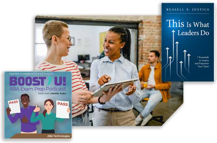 Collage of ABA Tech products and resources – podcasts, books, and training courses for supervisor and employee development