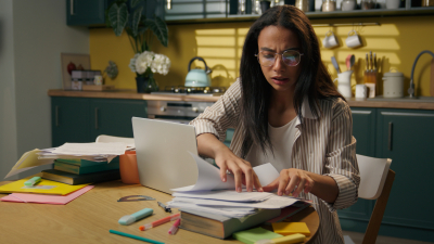 I’ve Changed My To-Do System Four Times Blog woman with disorganized work from home desk.